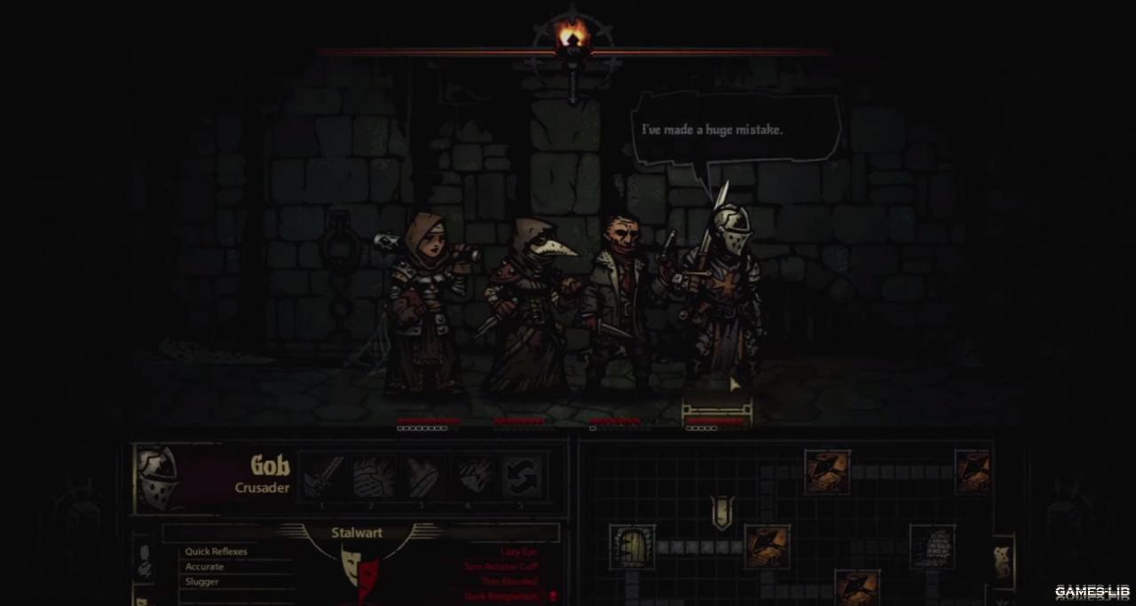 сκpиншοτ Darkest Dungeon управление группой персонажей в РПГ dungeon-crawl и roguelike игре в жанре ужасы